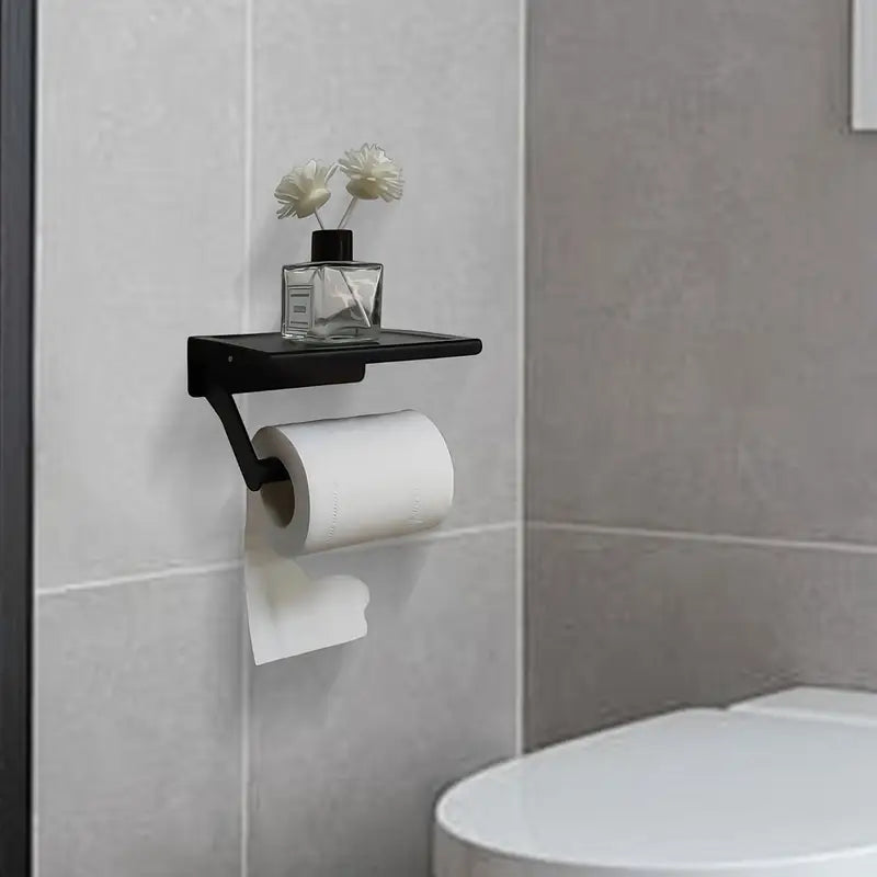 Modern Stainless Steel Wall Mount Paper Towel Holder with Storage Shelf – Black