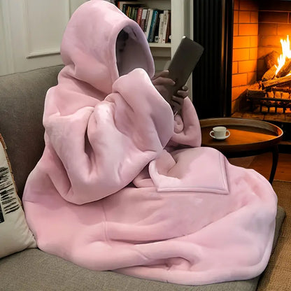 Cozy Reversible Fleece Hooded Blanket with Pocket – Soft Velvet Wearable Throw for Home & Holiday Gifting