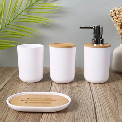 4-Piece Bathroom Toiletries Set – 350ml Bottles with Bamboo Covers