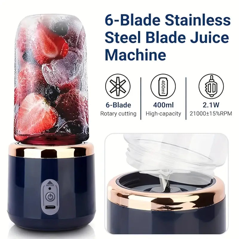 Portable USB Rechargeable Blender – Mini Smoothie & Shake Maker with 6 Blades, 430ml Stainless Steel Travel Mixer