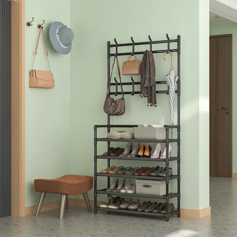 Multi-Layer Metal Shoe Rack with 4/5 Storage Shelves & 8 Hooks